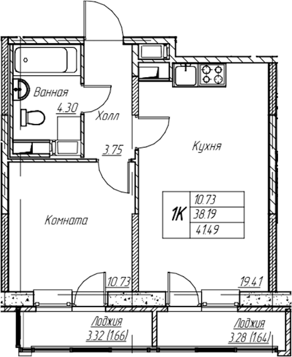 1-комнатная квартира 41.49 м², 17/22 эт., ЖК «Парк-квартал Юнтолово»